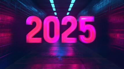 Bold neon pink and blue numbers stand out in a dark corridor, suggesting a journey into the future and the possibilities waiting in the year 2025.