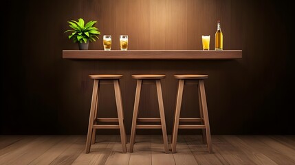 Elegant wooden bar with three stools, refreshing drinks, and greenery against a warm illuminated wall backdrop