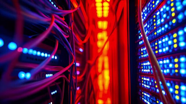 Abstract view of server racks with colorful LED lights and tangled cables.