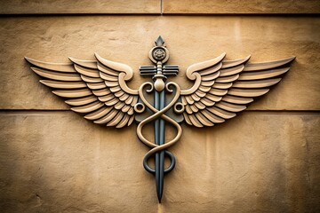 A Stylized Winged Logo Featuring a Central Staff Design on a Beige Background, Evoking Themes of Health, Care, Protection, and Flight in Architectural Photography