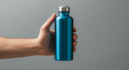 Close-up of Male hand, holding a reusable, steel eco thermos water bottle of blue metallic color.