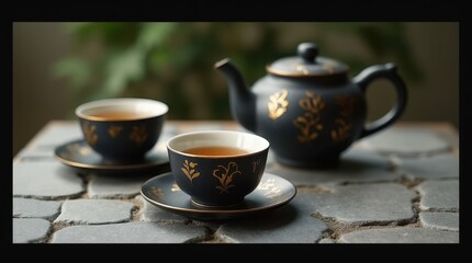 Fototapeta premium Japanese Tea Set with Gold Accents