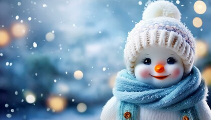 Little cute baby Snowman on cold Winter Christmas day in warm clothes. Snowy background. Illustration of a small fictional creature from a child's imagination,copy text space