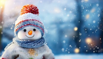 Fototapeta premium Little cute baby Snowman on cold Winter Christmas day in warm clothes. Snowy background. Illustration of a small fictional creature from a child's imagination,copy text space