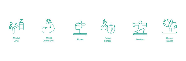 Dynamic Fitness Icon Set - Vector Illustrations for Martial Arts, Fitness Challenges, Pilates, Group Workouts, Aerobics, and Dance Fitness