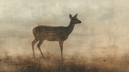 A serene view of a deer standing gracefully in a misty landscape, embodying peace and tranquility in nature.