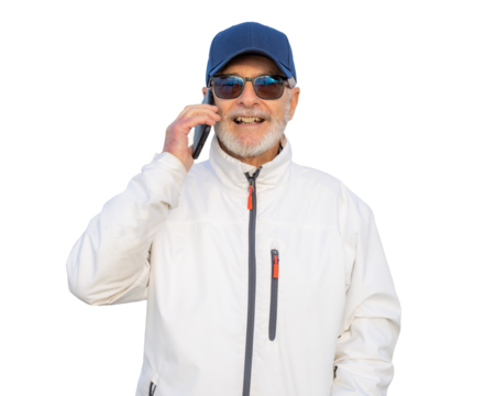 Elderly smiling man spending free time walking while talking on smartphone over transparent background. PNG transparent.