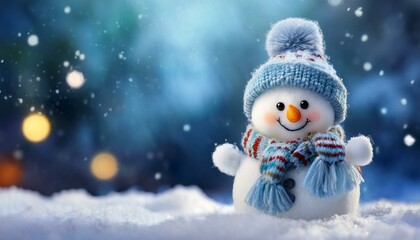 Little cute baby Snowman on cold Winter Christmas day in warm clothes. Snowy background. Illustration of a small fictional creature from a child's imagination,copy text space