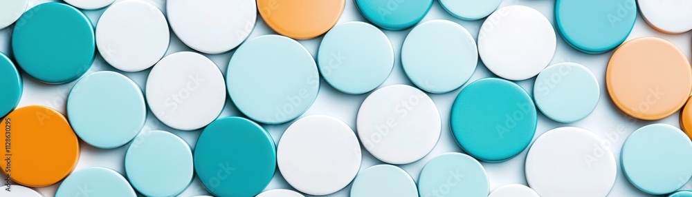 Poster a vibrant arrangement of circular shapes in various shades of blue, white, and orange, creating a vi