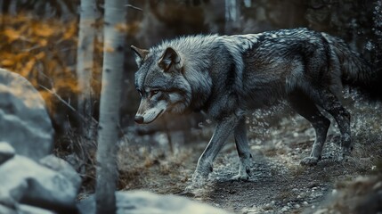 Fototapeta premium A solitary wolf navigating through a dense forest, showcasing its majestic grace and wilderness.