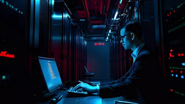 A person working in a dimly lit server room, focused on a computer screen.