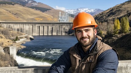 Confident young man poses with arms crossed at dam, modern power station visible behind him, water flowing beneath blue sky