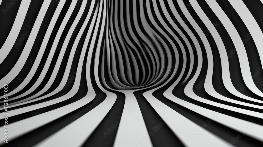 Poster a captivating abstract design featuring wavy black and white stripes creating a sense of depth and m