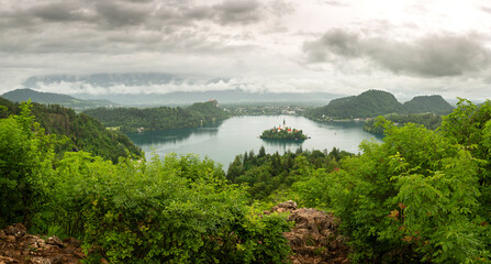 Panorama of Lake Bled, Slovenia with cloudy sky