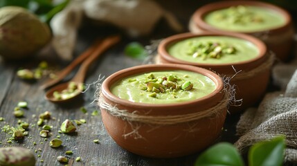 A cozy kitchen scene with pistachio pudding in earthenware bowls, surrounded by crushed pistachios and rustic twine
