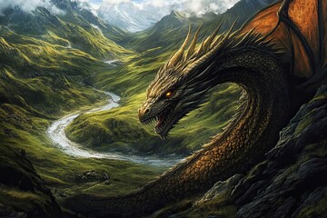 Majestic Dragon Overlooks Serpentine River Valley