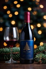 A bottle of wine and glasses of wine against a Christmas tree creating a sophisticated and elegant atmosphere. The image uses a warm, slightly dark palette with rich burgundy and deep blue tones.
