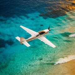 Fototapeta premium High angle view of airplane flying above the blue ocean in summer day, travel concept