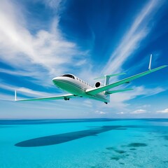 Low angle view of airplane flying above the pristine blue ocean against blue sky, travel concept