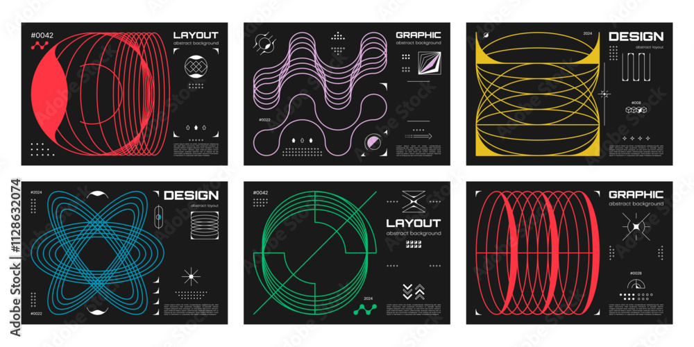 Poster Abstract brutalism posters and banners with color line geometric shapes and aesthetic graphic elements. Vector brutal y2k posters templates with futuristic patterns of minimalist shapes and figures