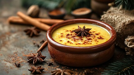 A rustic setup featuring caramel pudding in a clay dish, surrounded by decorative cinnamon sticks and star anise