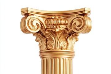 Golden column, classic antique gold pillar isolated on white background