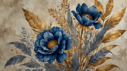 watercolor art, a blue bouquet of flowers on a light gray background, in the style of gold leaf overlay, detailed feather rendering, renaissance painting, naturecore, transcendental art