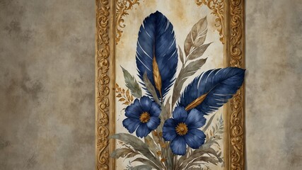 watercolor art, a blue bouquet of flowers on a light gray background, in the style of gold leaf overlay, detailed feather rendering, renaissance painting, naturecore, transcendental art