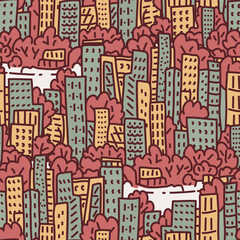 city metropolis in a doodle style seamless vector pattern. vector building landscape illustration