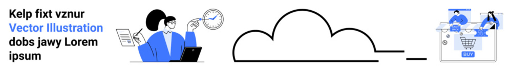 Businesswoman using graphs and laptop, central cloud symbol, mobile shopping. Ideal for business analysis, cloud storage, online shopping, technology solutions, data visualization, digital marketing