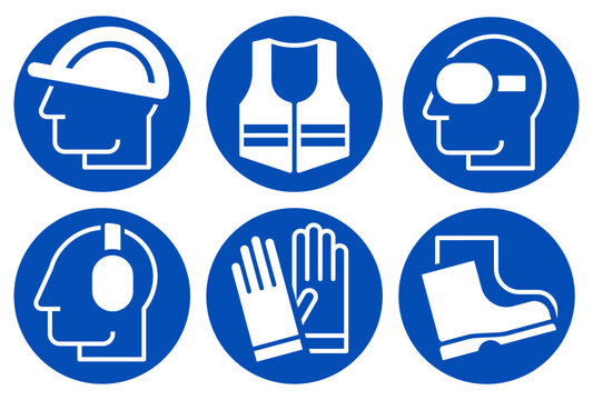 Safety signs - must be worn symbols, wear hearing protection, wear helmet, wear safety shoes, wear gloves, wear protective vest and wear safety glasses. Mandatory safety icons