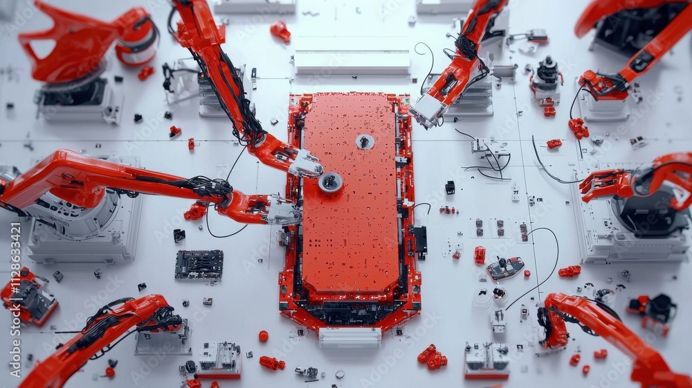 Leinwandbilder automated machinery operating on factory floor industrial setting production process aerial view rob