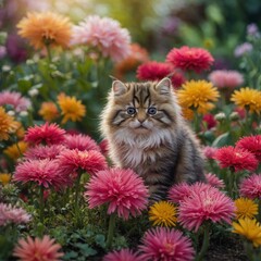 A soft, striped miniature with vibrant pink fur resting in a hand, surrounded by a blurred vibrant flower garden.