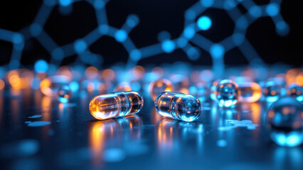 Image of NAD+ supplement capsules against a bright blue molecular backdrop with scientific or medical themes.