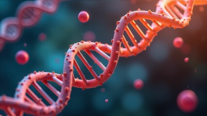 Red glowing dna strand in a vibrant, abstract scientific environment