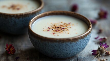 Close up of tapioca pudding with a hint of nutmeg, served in ceramic bowls with decorative dried flowers