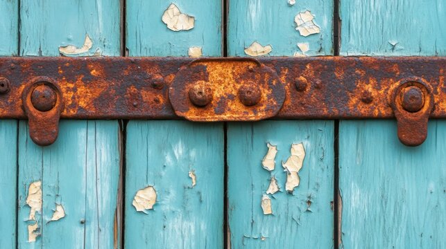Rusty Metal Clasp on Weathered Teal Wooden Door