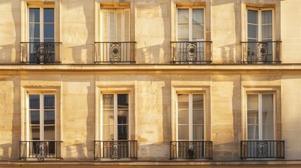 Fototapeta premium Elegant Parisian building, minimalist architecture, complete wall with windows and doors, warm sunlight, serene urban scene, no people present.
