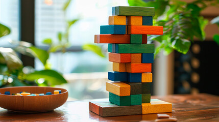 Jenga game wooden cubes. Selective focus.