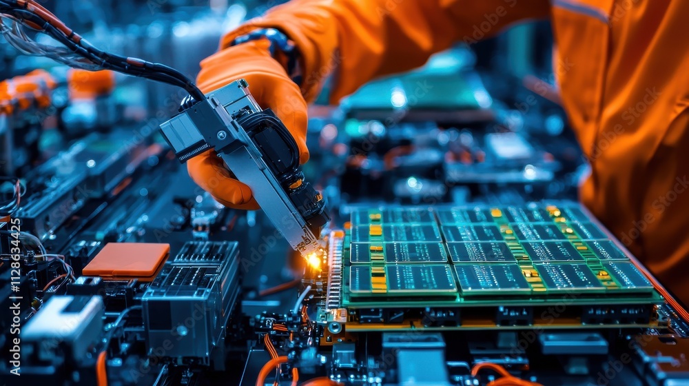 Poster automated robotic system stacking pouch cells for electric vehicle battery standards in high-tech ma