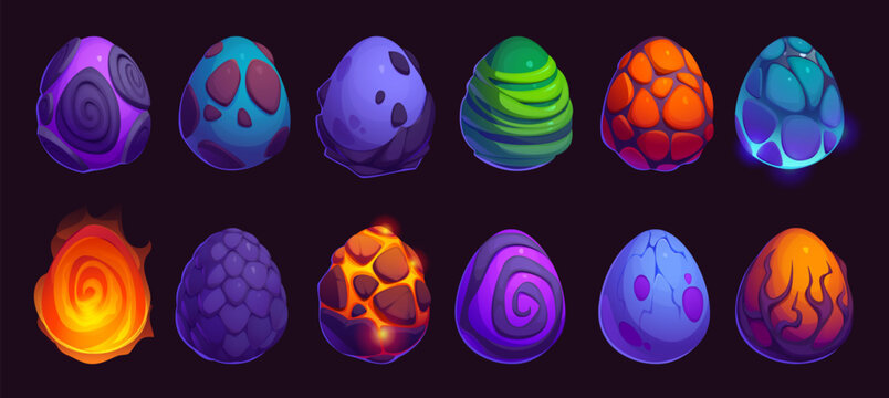 Dragon and dinosaur monster eggs, game asset. Vector UI elements of cartoon fantasy crystal ice, fire flame, magma and cracked stone eggs of dino reptile, fairytale dragon animal or phoenix bird