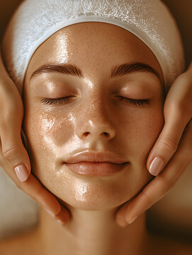 A serene close-up of a woman with glowing skin and closed eyes receiving a gentle facial massage. Her relaxed expression and the soft lighting evoke a sense of tranquility and pampering.