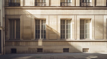 Fototapeta premium Elegant Parisian building, minimalist design, complete wall with windows and doors, sunny afternoon light, peaceful atmosphere, no people visible.