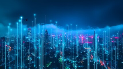 A cityscape with glowing data streams, representing the interconnected nature of smart cities and AI technology.
