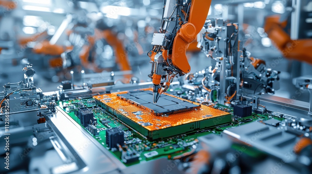 Fototapete automated machinery wrapping lithium-ion cells in high-tech manufacturing facility for enhanced effi