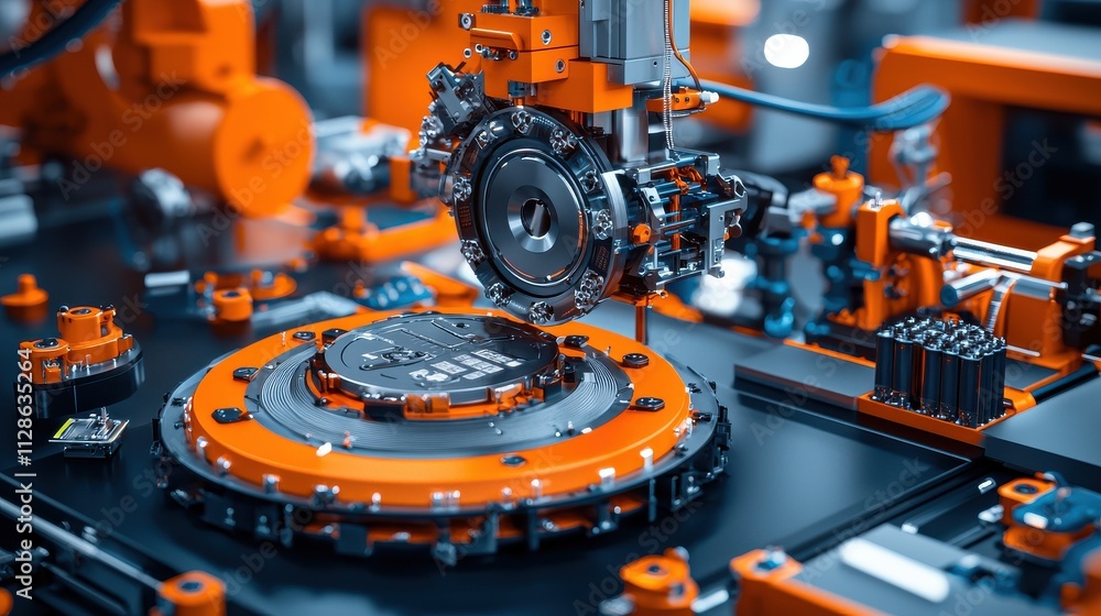 Fototapete Automated machinery wrapping lithium-ion cells with i standard in industrial settings for enhanced efficiency and quality control