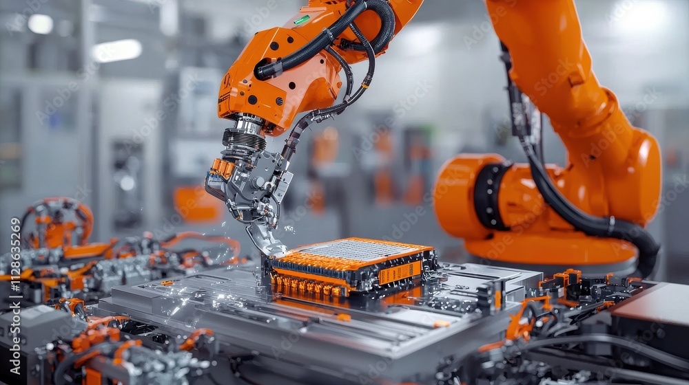 Poster Automated machinery wrapping lithium-ion cells with i standard industrial facility technology overview high-tech environment precision engineering concept for enhanced efficiency
