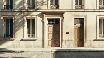Elegant Parisian building, minimalist design, facing a wall with windows and doors, sunny afternoon, peaceful atmosphere, no people visible.