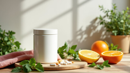 A jar of NAD supplement surrounded by citrus fruits on a kitchen counter.