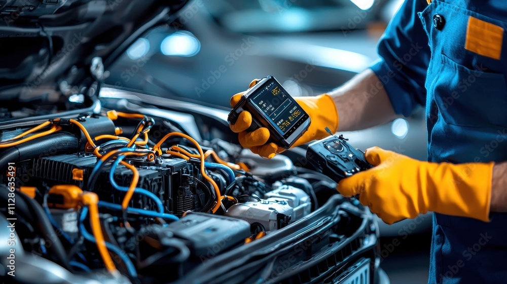 Poster engineers analyzing performance data of electric vehicle battery standards in automotive labs insigh